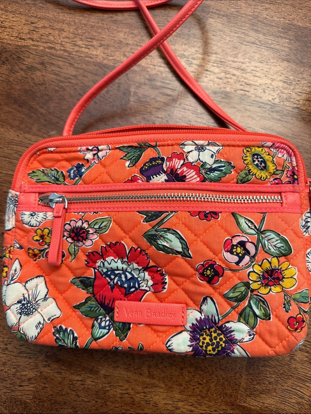 Vera Bradley Coral Orange Floral Quilted Iconic Crossbody (Little Hipster)